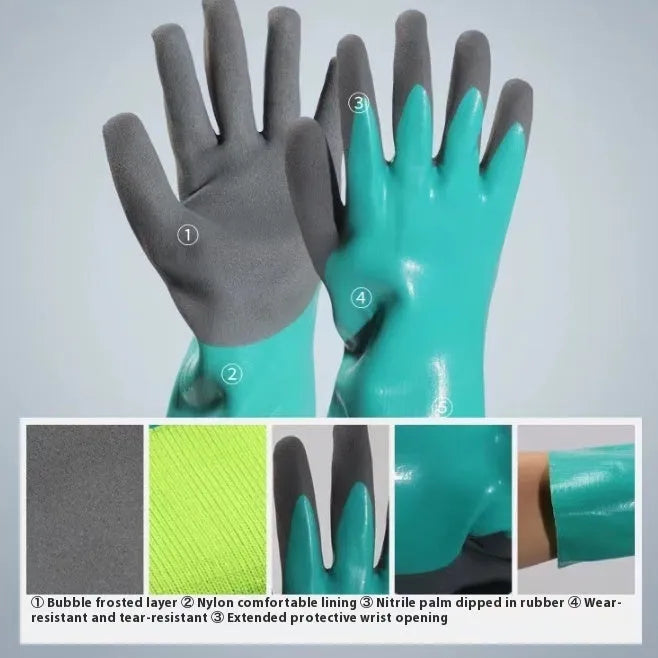 Navy blue nitrile work gloves shown in short and lengthened styles for fishing protection.