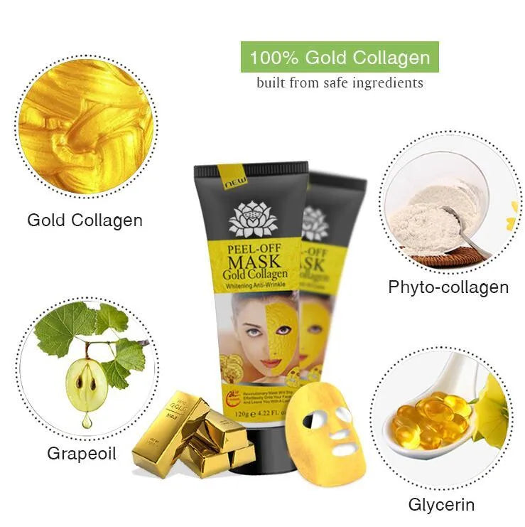 Gold Collagen Peel off Mask in a 120g container with mud formulation for anti-aging and acne treatment