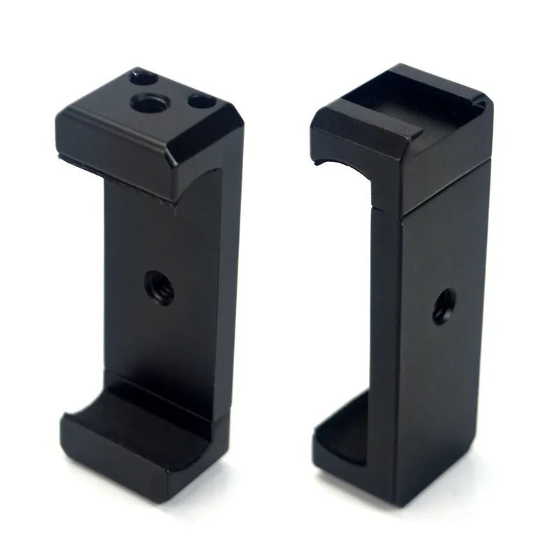 Silver aluminium alloy clip bracket for mounting an Apple iPhone onto a table-top tripod.