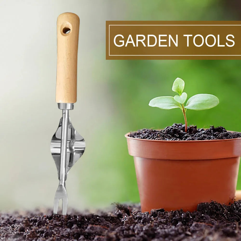 Manual weed puller set with telescopic rod, gap weeder head, and sickle weeder on a garden lawn