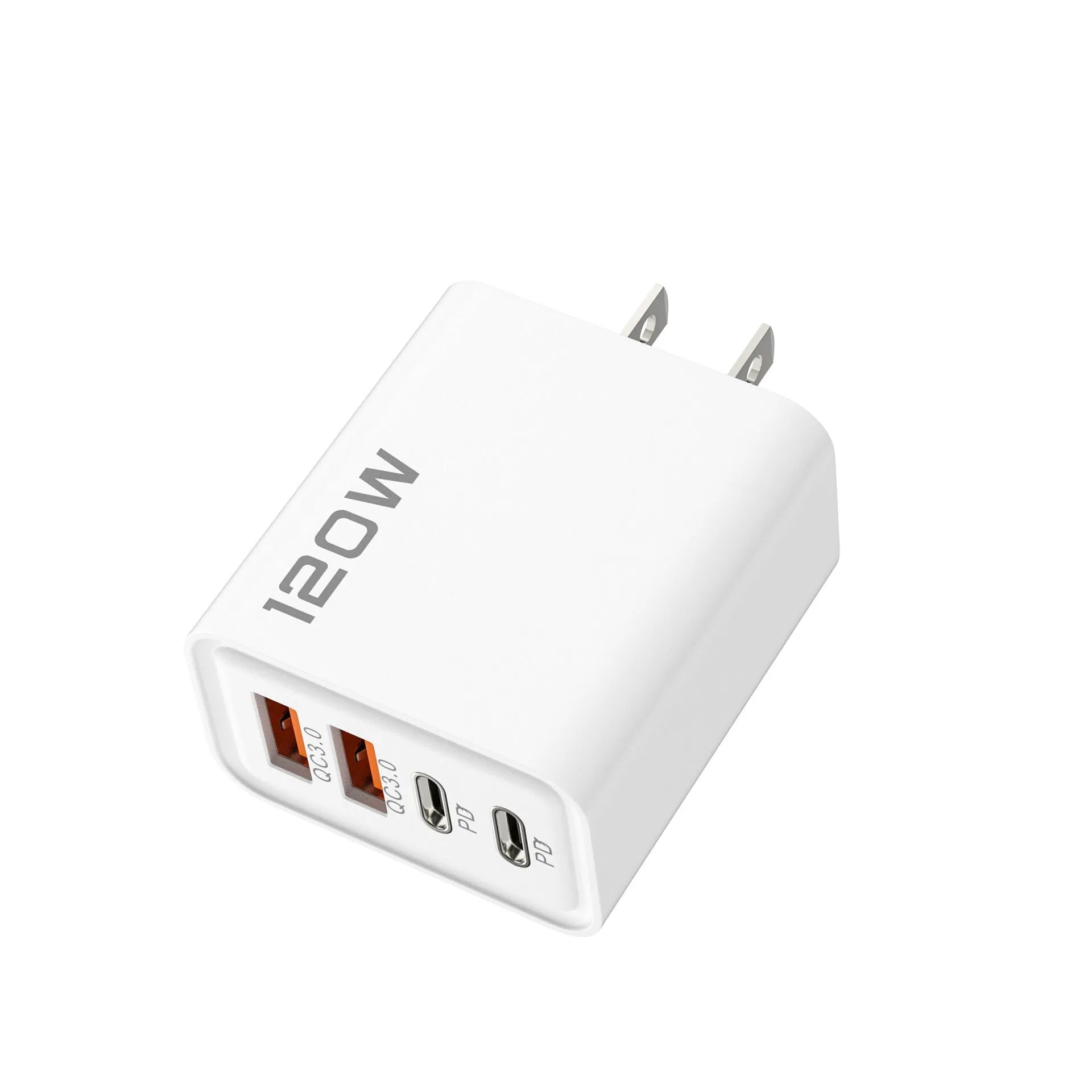120W dual PD dual USB wall charger in Black, White, and Yellow with UK and EU plug options
