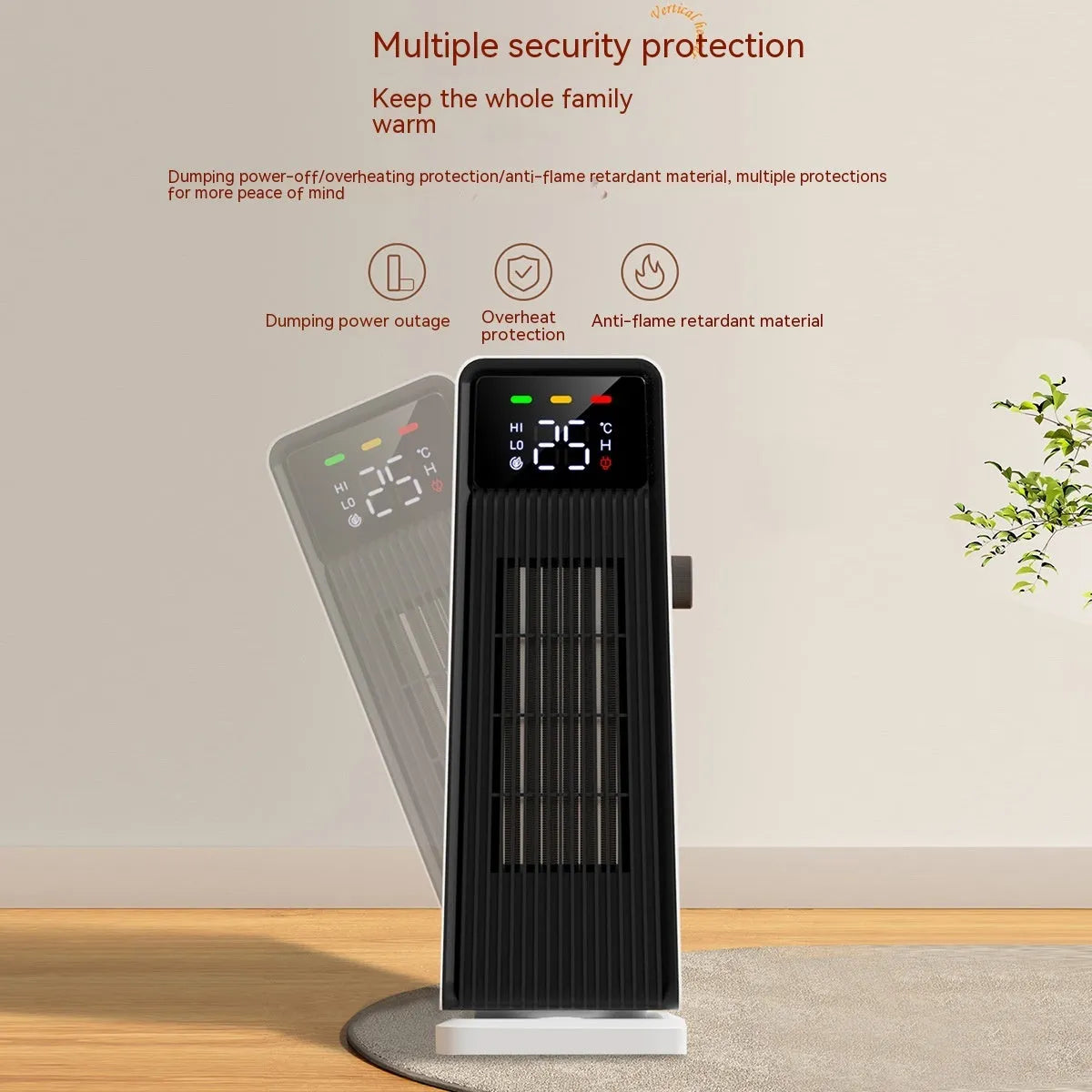 Small white air conditioner with PTC heater, touch controls, and shaking head for 30m² rooms