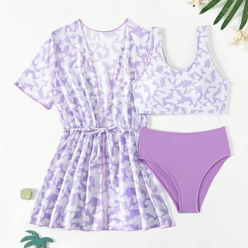 Three piece girls swimsuit set in colour 3218, showing coat, vest and pants.
