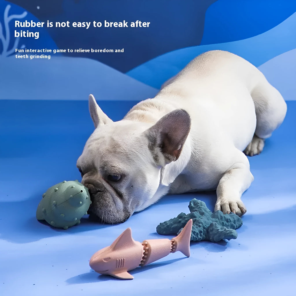 Rubber deep sea shark dog toy in conch blue colour for food leakage prevention