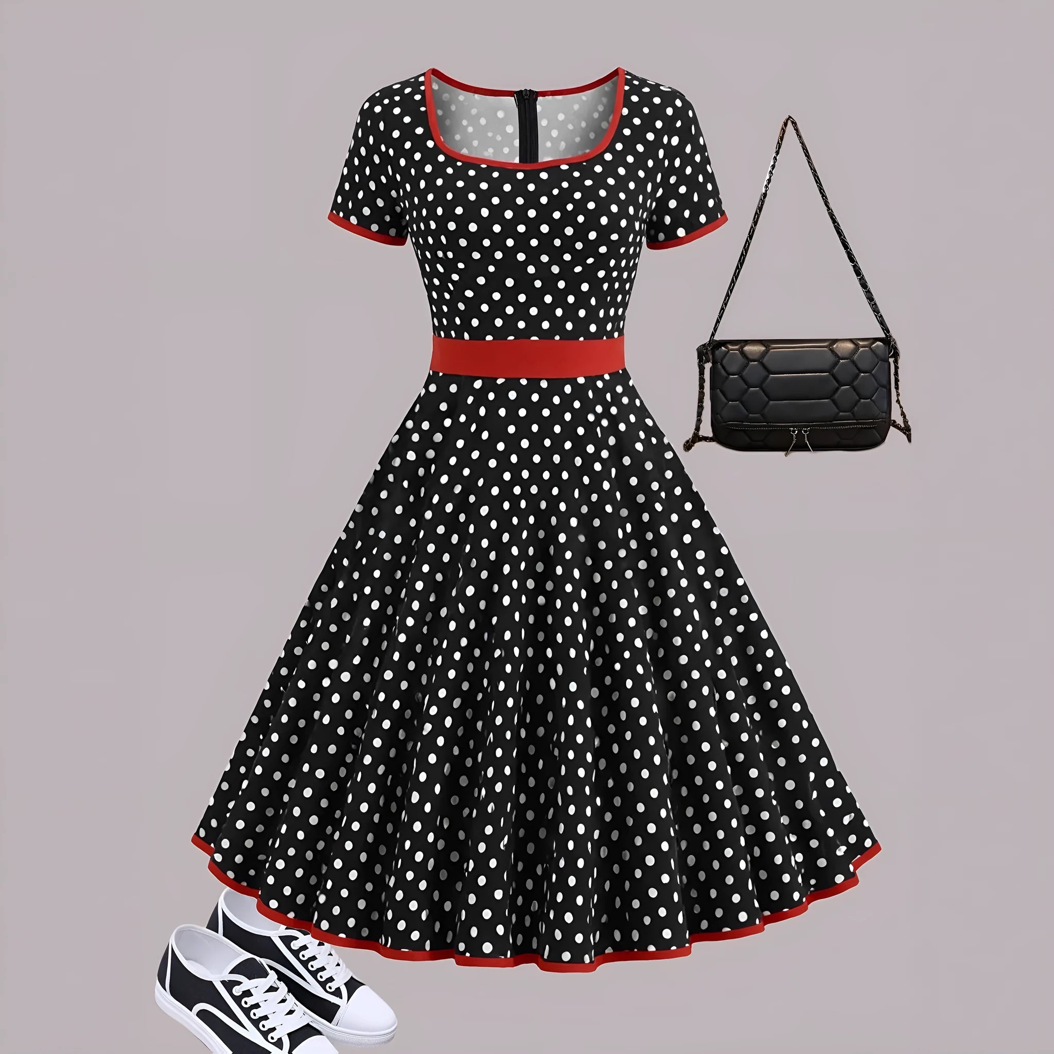 Multicolour polka dot pleated dress with square collar and short sleeves on a hanger.