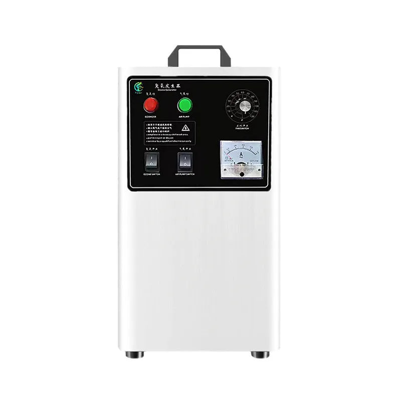 Household ozone generator for fruit and vegetables in stainless steel or white finish.