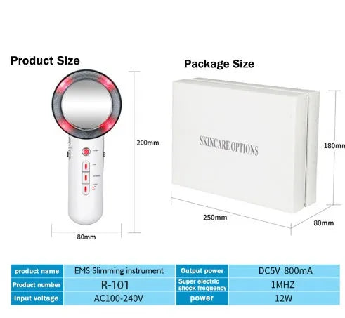 Handheld ultrasound EMS infrared body slimming device with electrode sheet and cable, 25.2x18x7.2cm