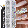 12-grid resin nail diamond strip box with mix of white, AB colour, pink diamond, round diamond, and semi-circular white pearl options