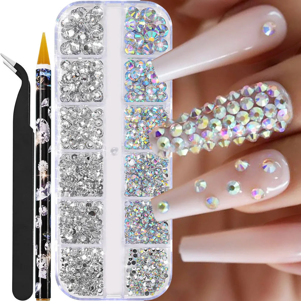 12-grid resin nail diamond strip box with mix of white, AB colour, pink diamond, round diamond, and semi-circular white pearl options