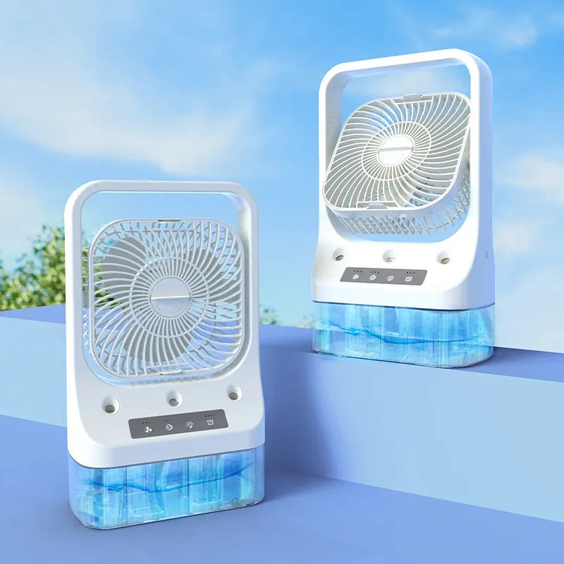 White USB rechargeable air cooler fan with water tank and adjustable head on a table.