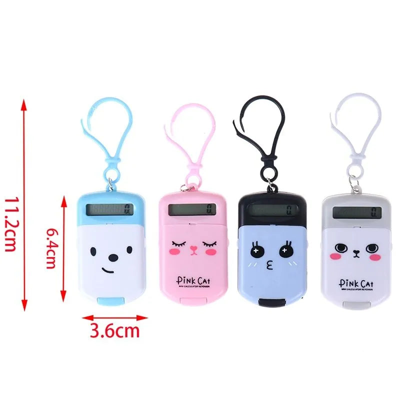 Creative cookie-shaped cute mini calculator with key ring in pink, blue, grey, and black colours