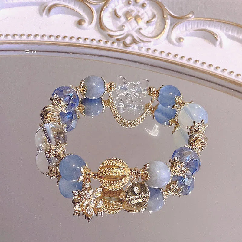 Women's snowflake pendant bow bracelet with heart charm in galaxy colour electroplated finish