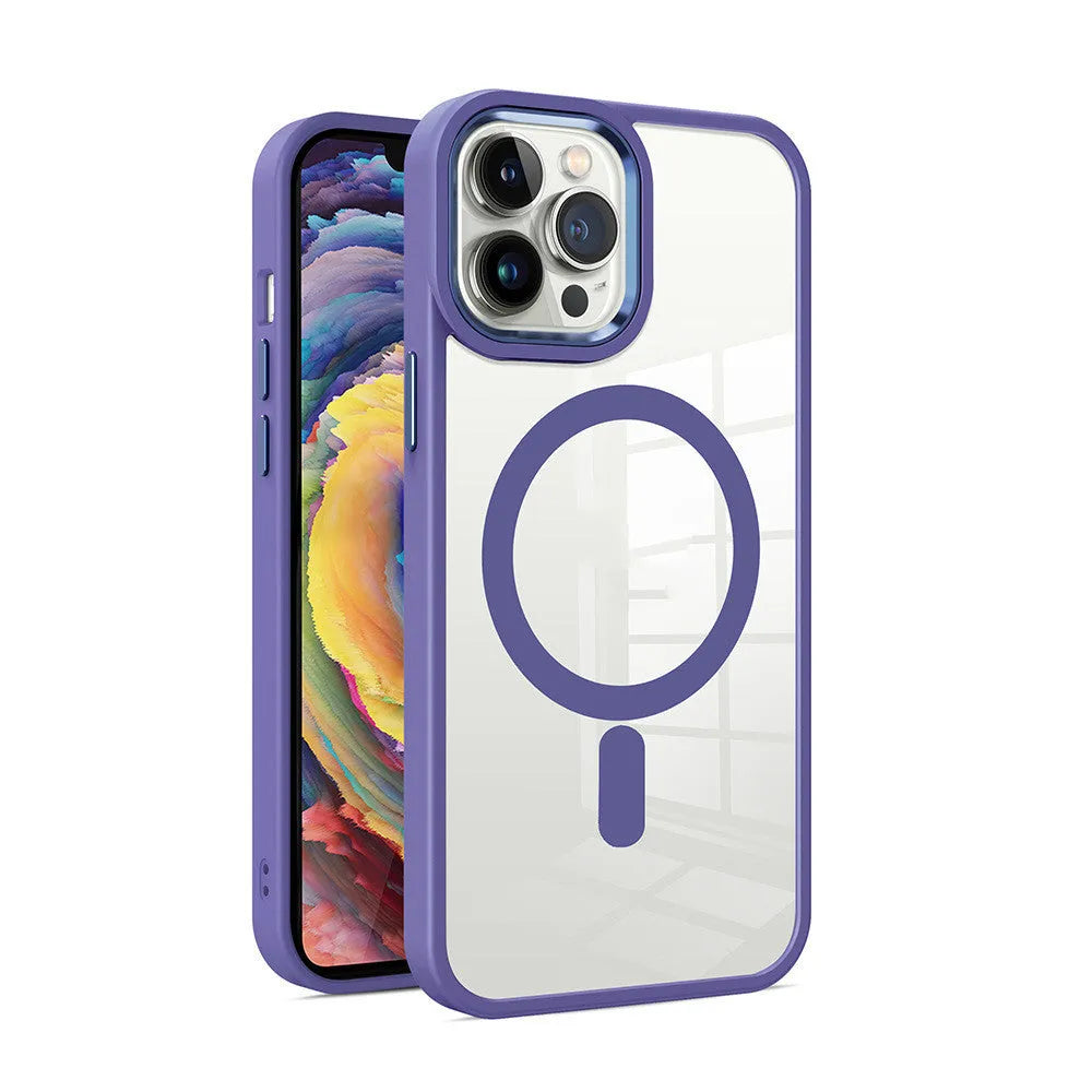 Transparent magnetic silicone phone case for iPhone on a table, showing the solid colour accent and integrated ring.