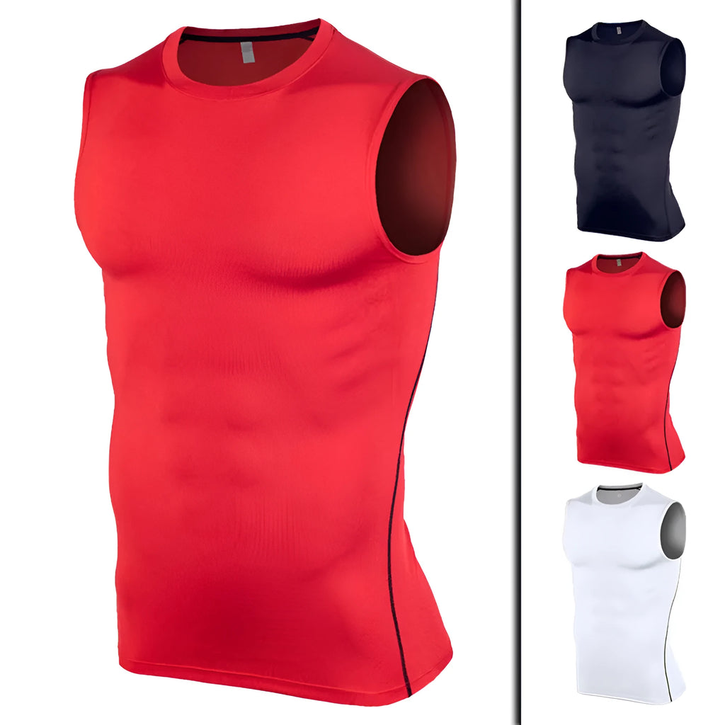 Sleeveless fitness gym sports tshirt vest in polyester, black red or white, sizes S to 3XL