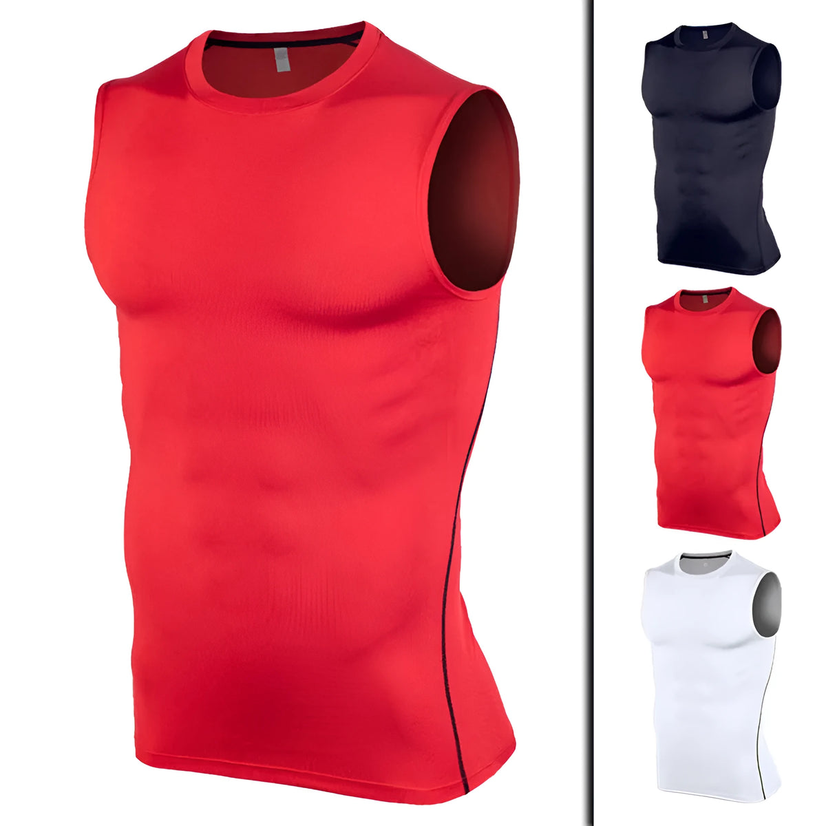Sleeveless fitness gym sports tshirt vest in polyester, black red or white, sizes S to 3XL