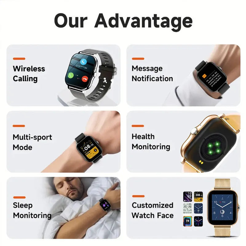 Smart watch with 144-inch touchscreen display showing health metrics and call functions