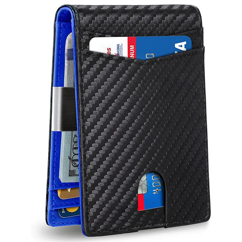 PU leather RFID anti-theft wallet with multiple card slots in carbon fibre black, measuring 11 x 7.9 cm