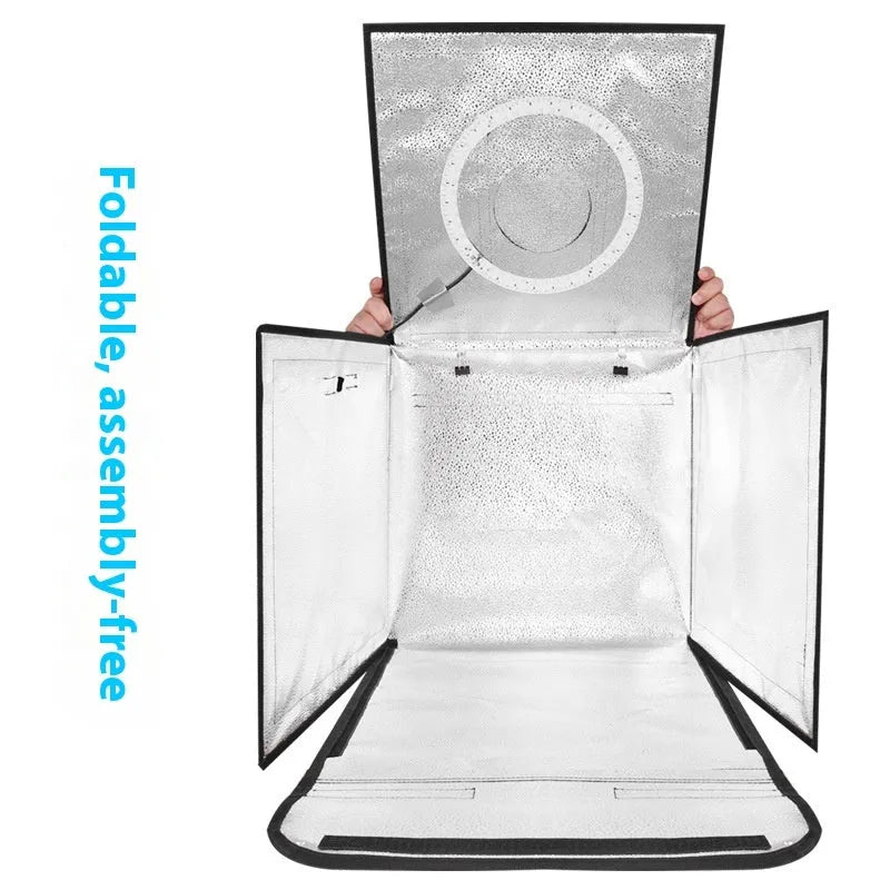 50cm foldable studio light box with LED lights and reflective interior for product photography.