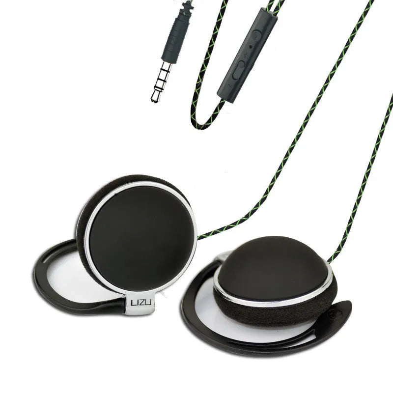 Wired ear-hook headphones with 3.5mm plug, 30mm driver, black sponge earpads, and TPE cable