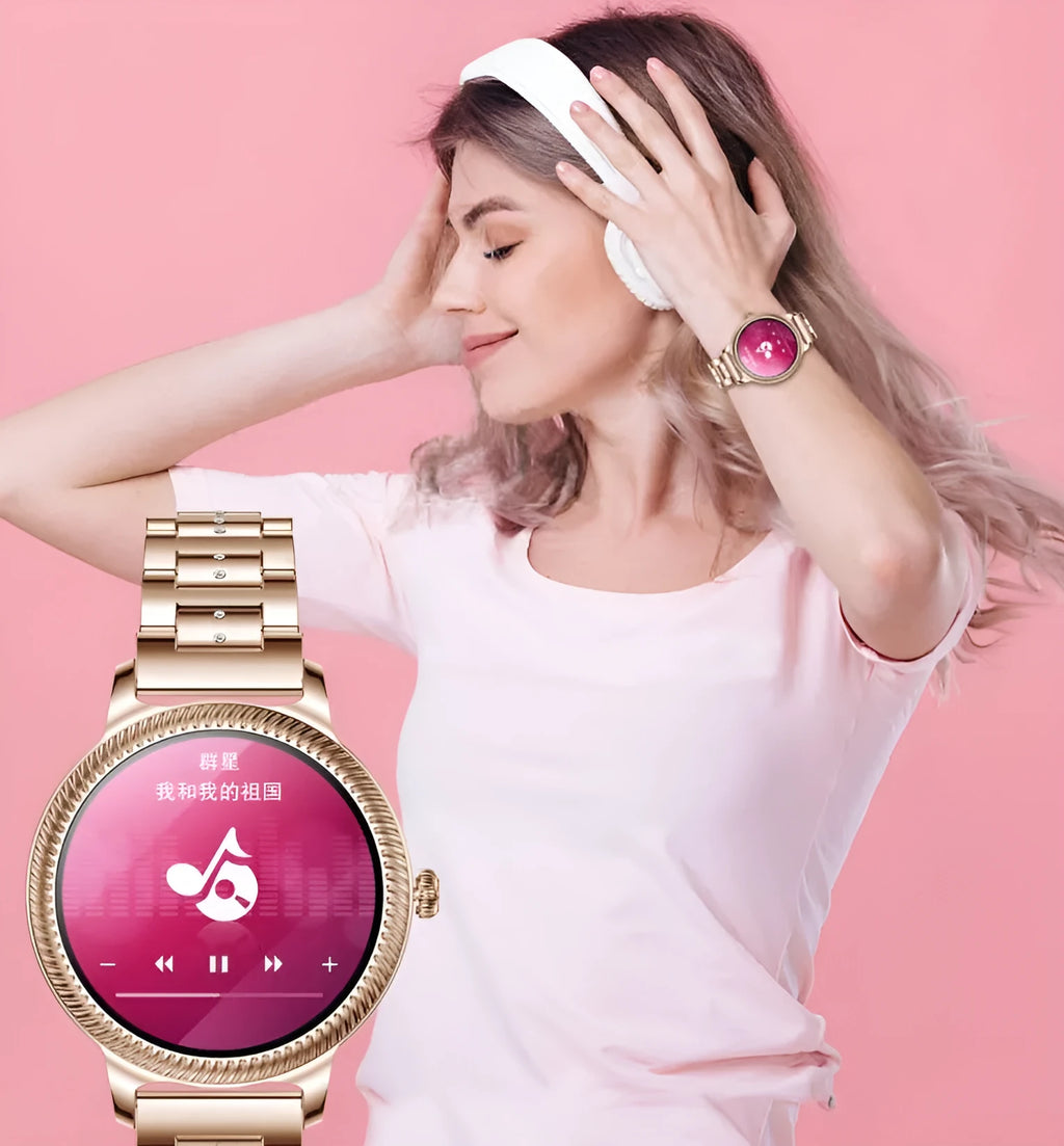AK38 ladies smart watch with stainless steel band and 1.09-inch display in gold and silver colour options