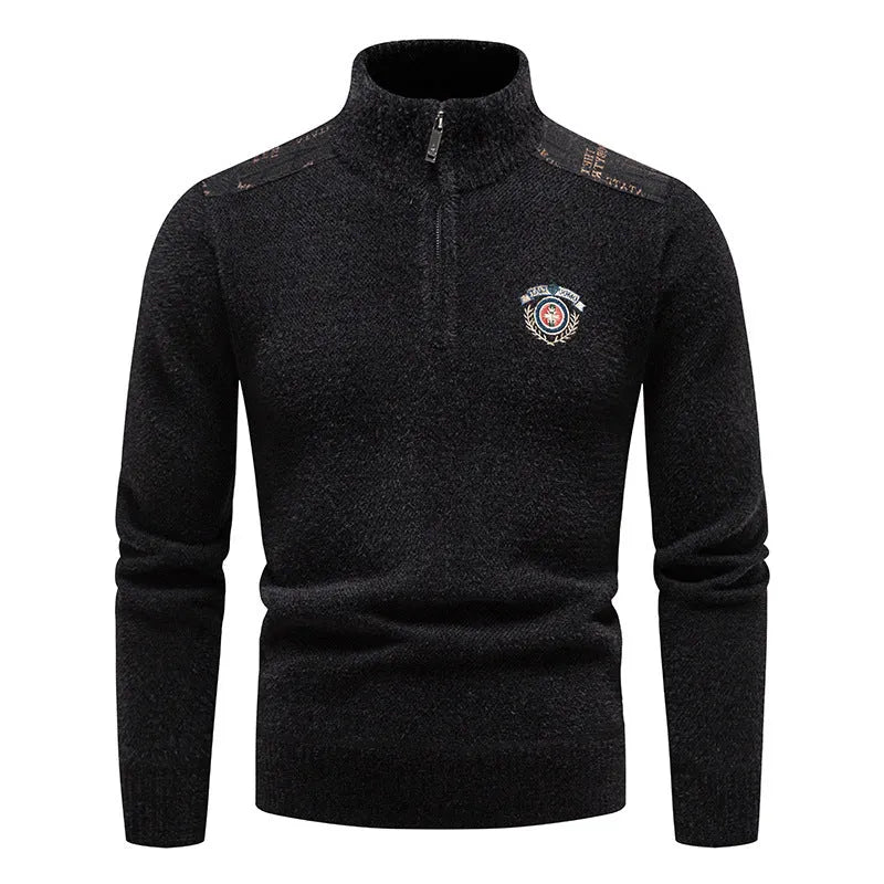 Men's velvet stand collar thickened sweater in beige, straight cut pullover with long sleeves.