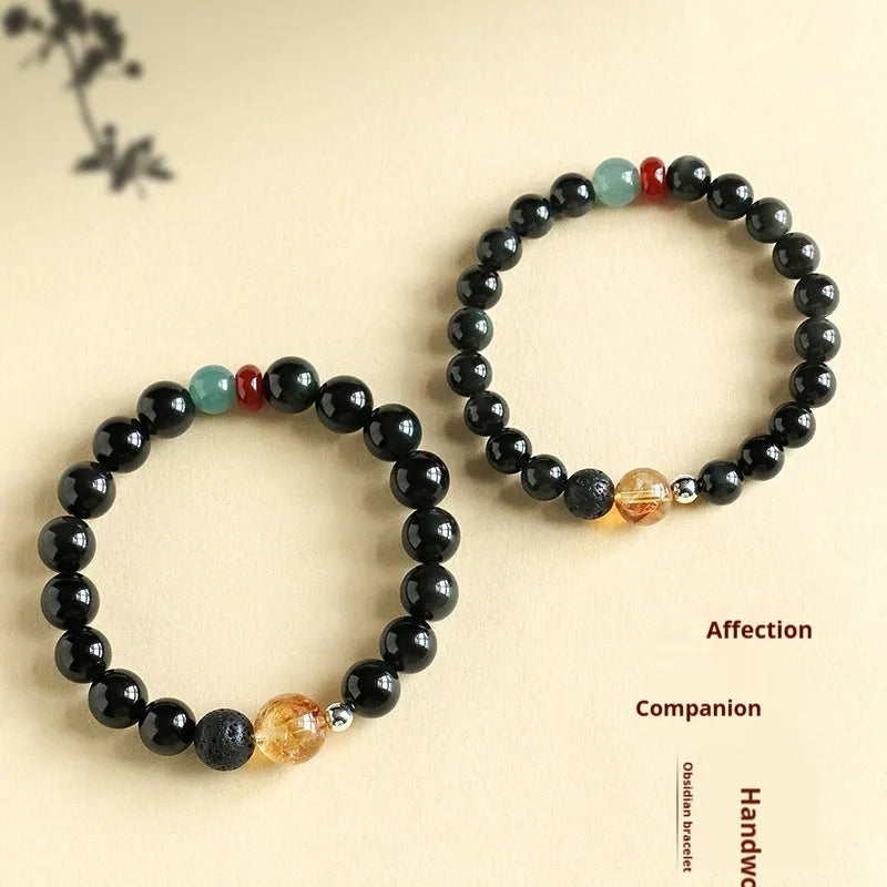 Chinese style obsidian yellow agate jade bracelet showing 8mm and 10mm bead size options.