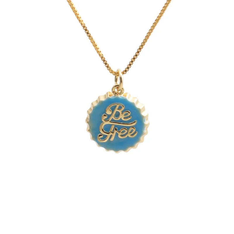 Copper bottle cap pendant necklace with gold-colour electroplated finish on a 40cm box chain.