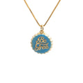 Copper bottle cap pendant necklace with gold-colour electroplated finish on a 40cm box chain.