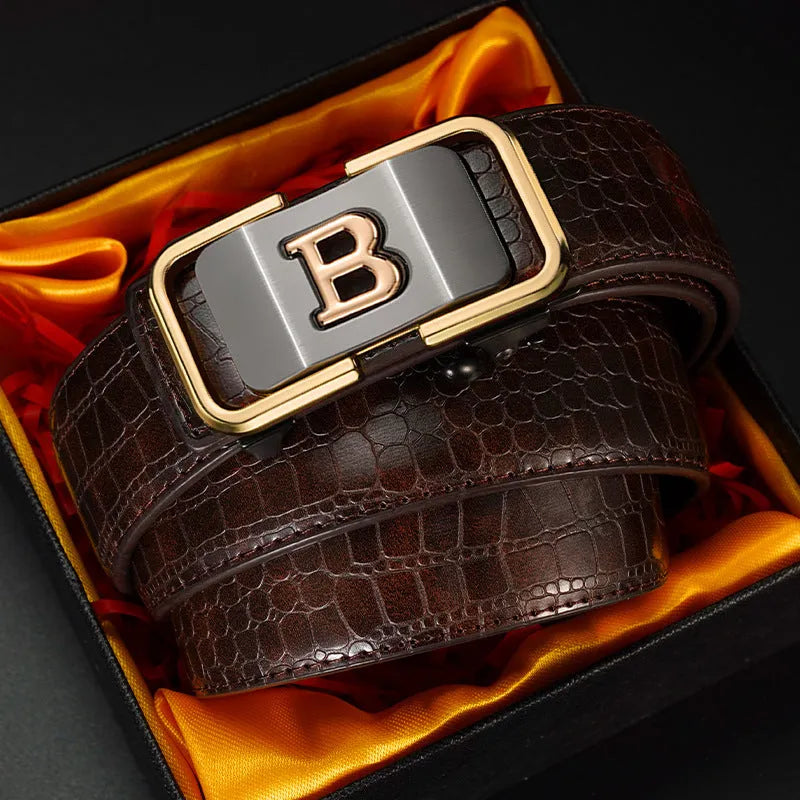 Automatic buckle belt with zinc alloy button head, PVC face, cowhide bottom, 3.3cm width, black or coffee colour