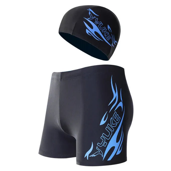 Men's plus size swimming trunks with fire pattern design and matching swimming cap