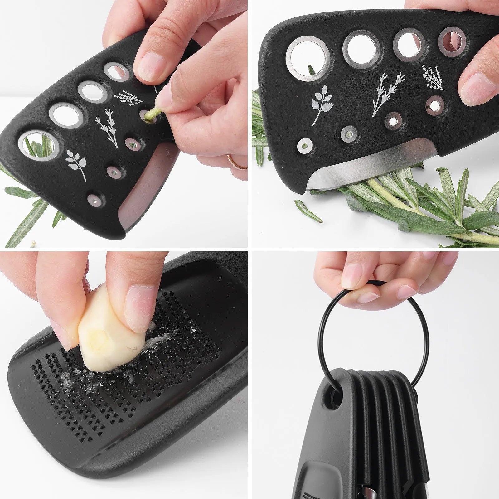 Stacking tower kitchen gadget set with six tools and cleaning brush in colour box packaging