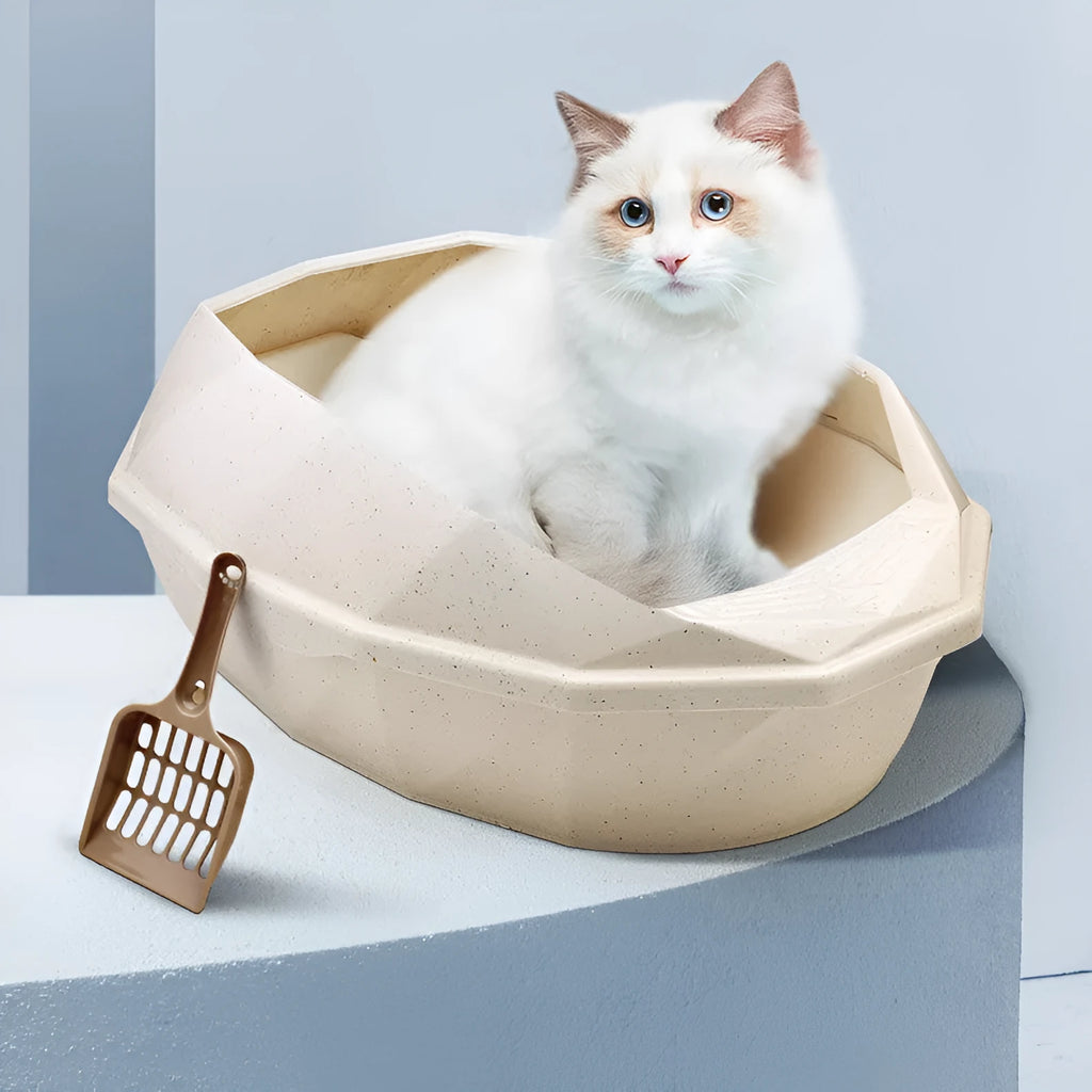 Plastic anti-sputtering semi-enclosed cat litter box in blue with shovel and diamond-shaped pattern
