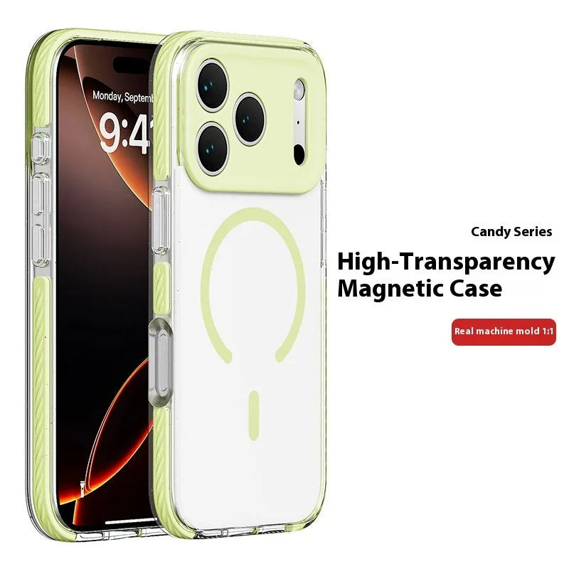 Clear magnetic protective iPhone case shown in Sweet Blue colour on an iPhone.