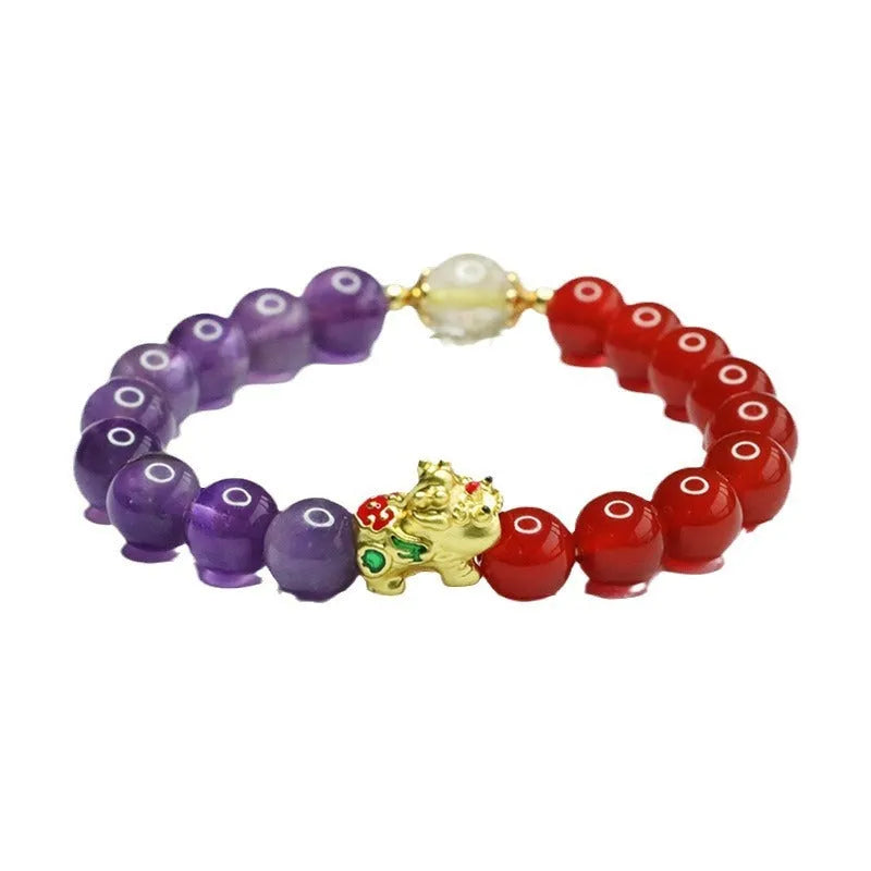Close-up of an amethyst and red agate beaded bracelet in Chinese style with 8mm stone beads.