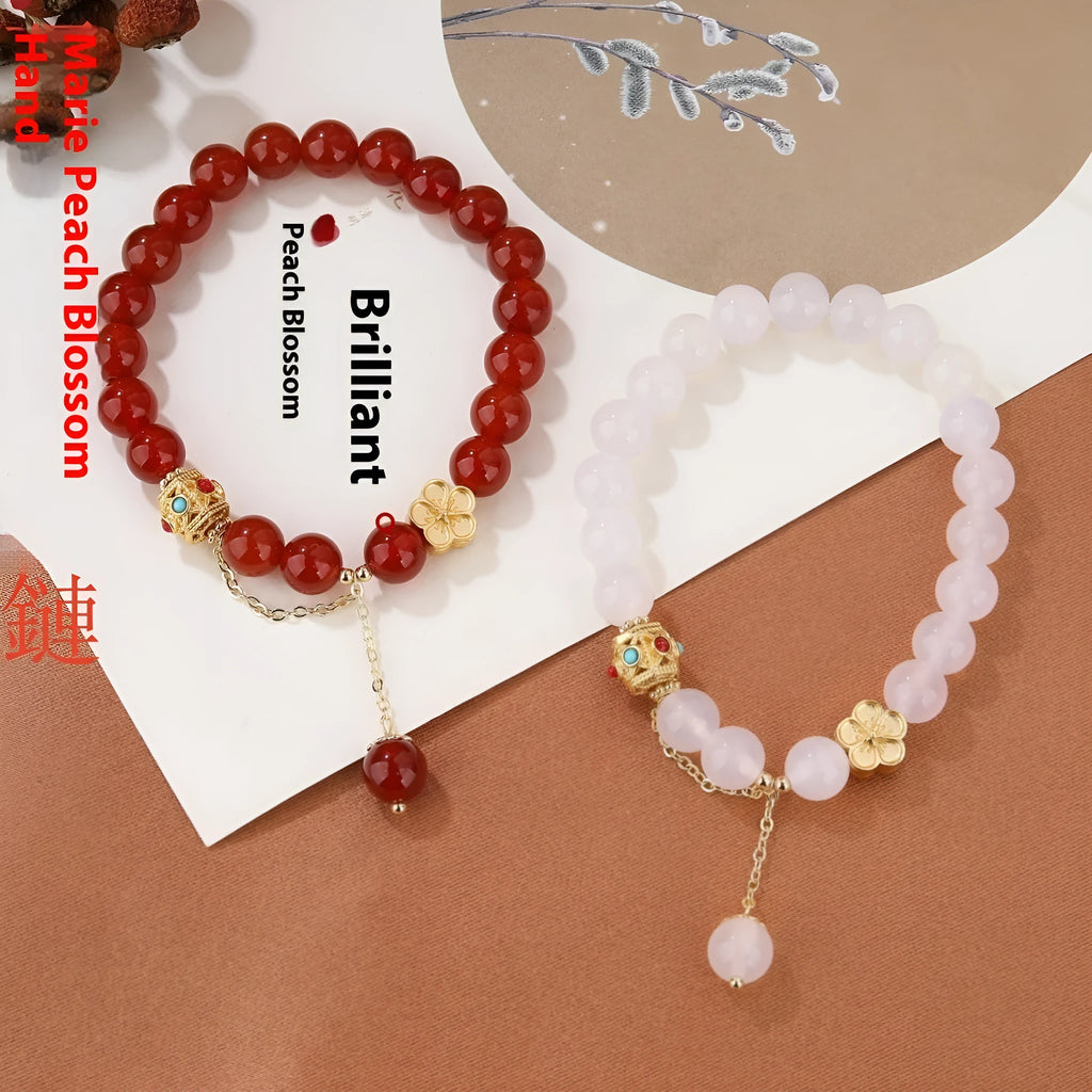 Women's natural agate bracelet with peach blossom copper parts and approximately 8mm beads