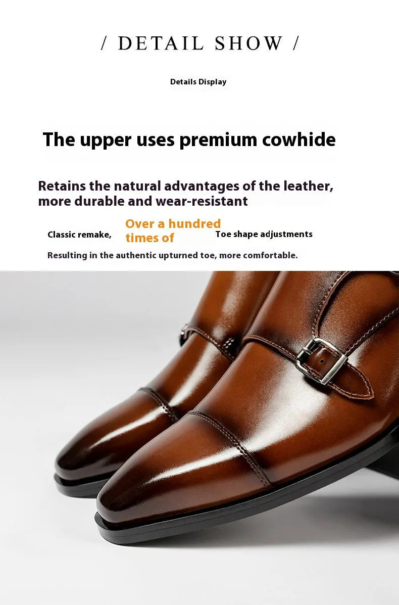 Men's black and light brown square-toe leather business casual shoes with low-top profile