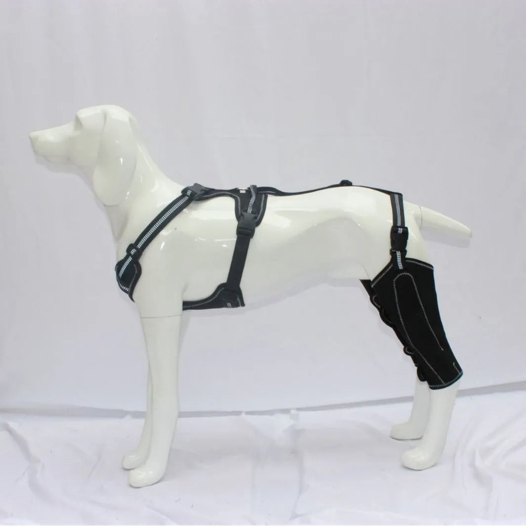 Black polyester dog thigh protective sleeve with adjustable metal support for postoperative care