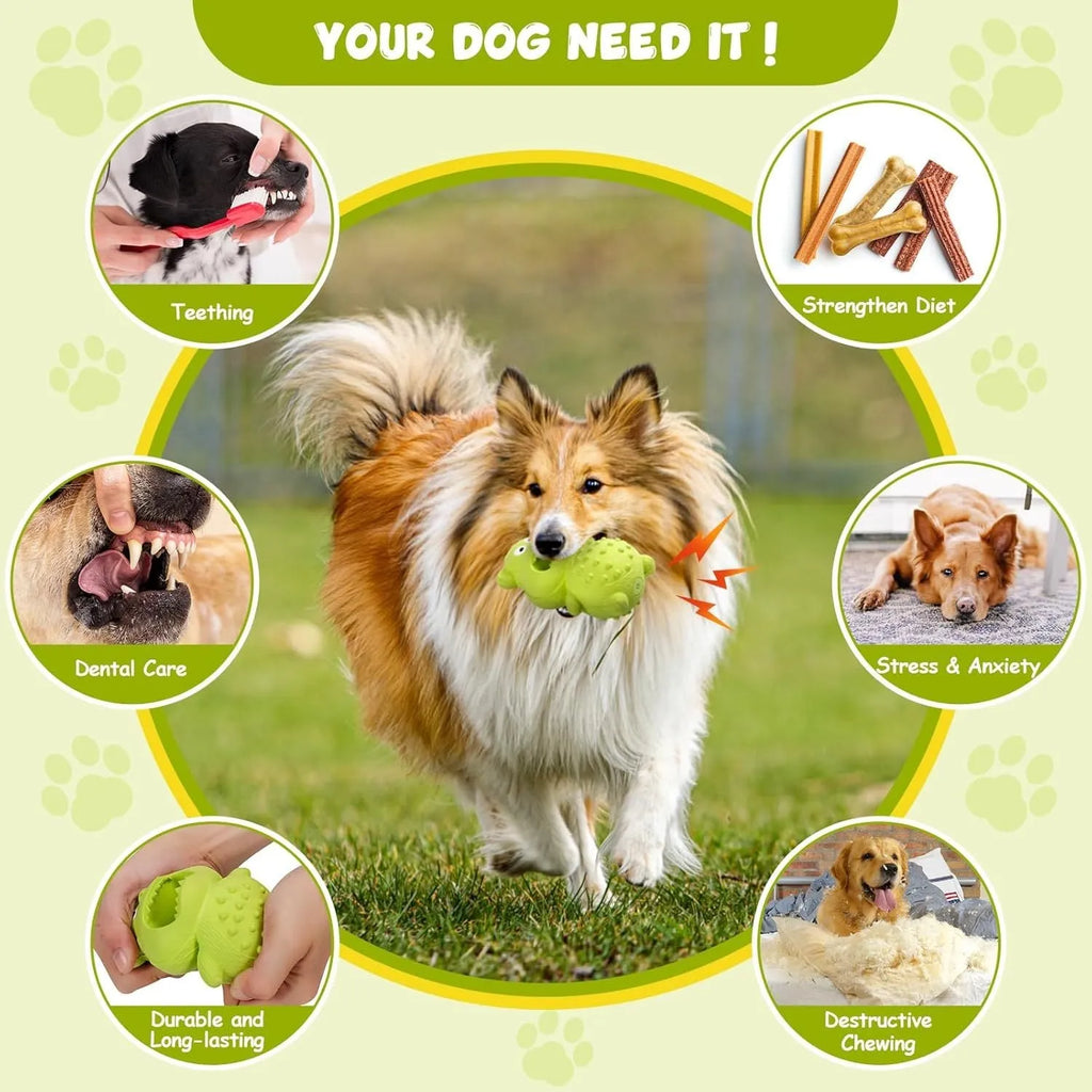 Green or yellow thick natural rubber squeaky dog toy for large breed aggressive chewers.