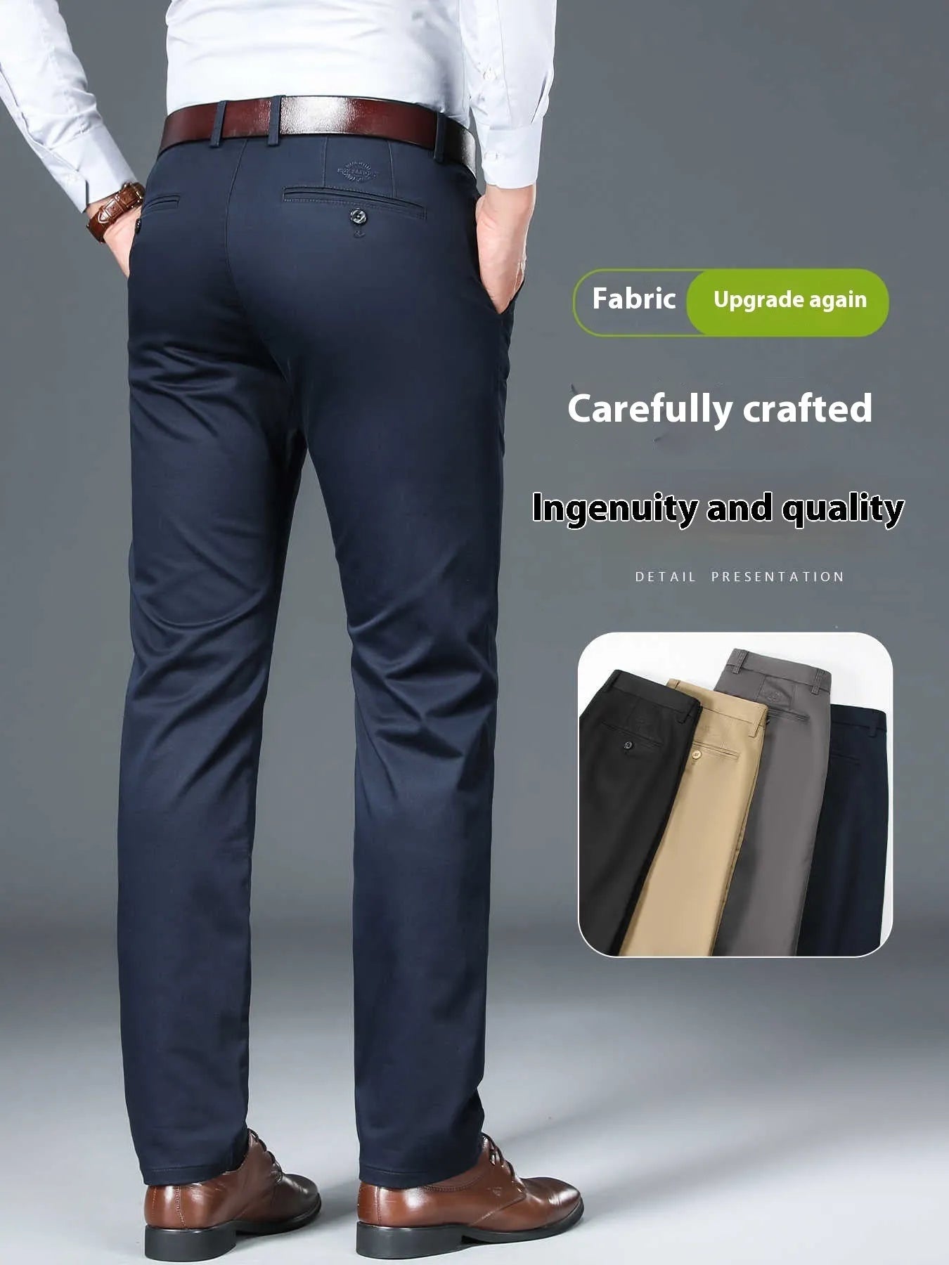 Men's thin straight-leg trousers in black on a hanger, showing the business casual cut and non-iron fabric.