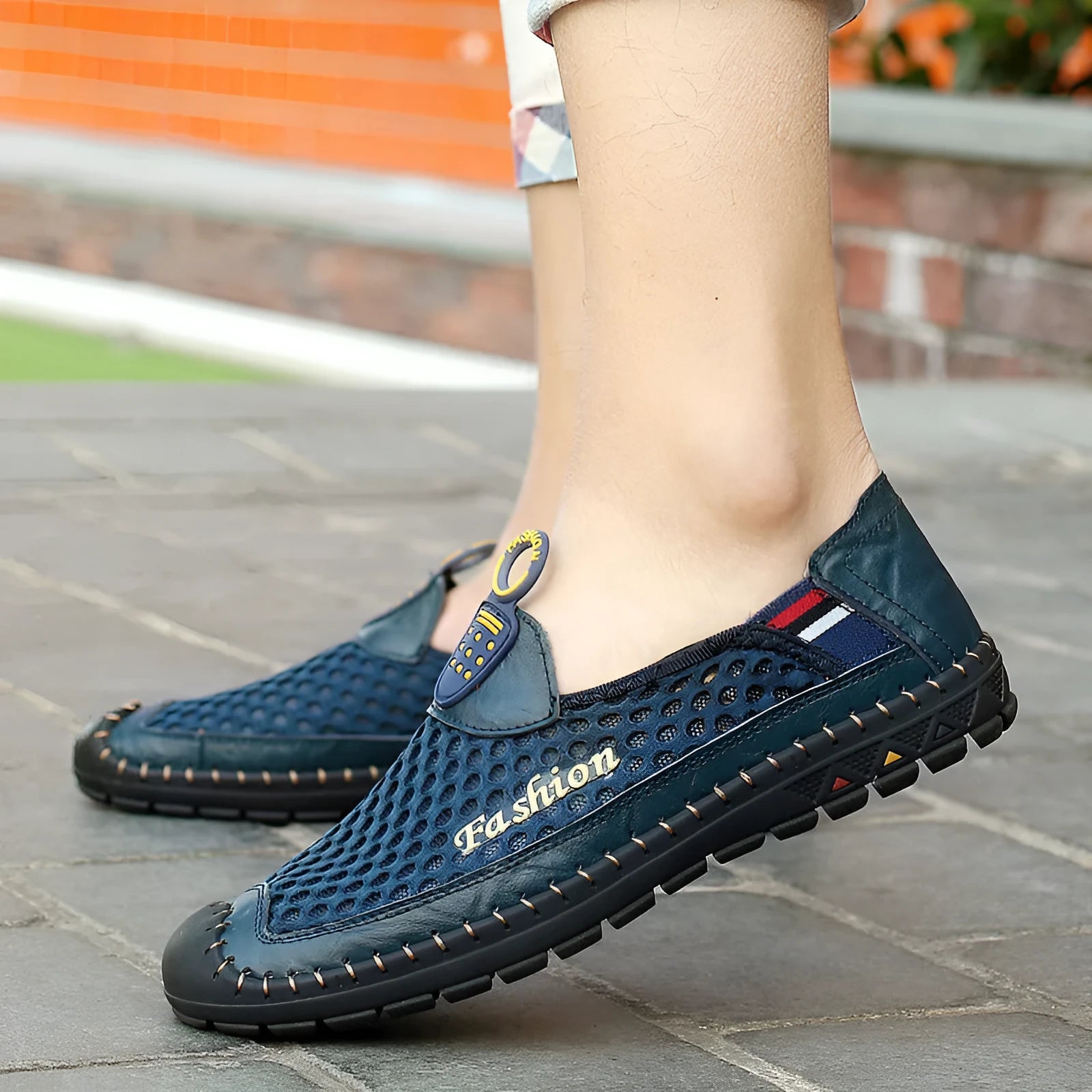 Men's casual mesh shoes with round toe and rubber sole in brown, dark blue, or dark green