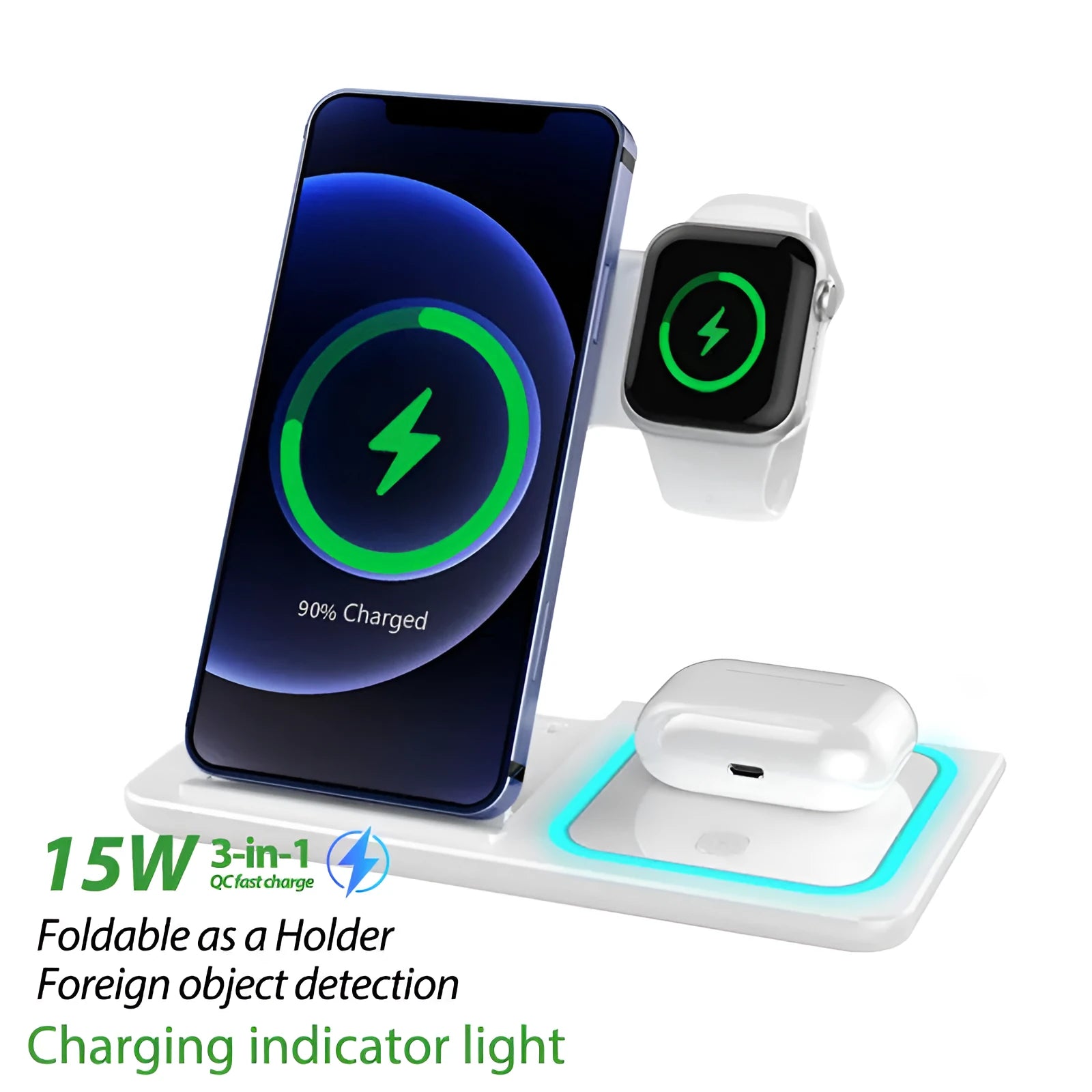 Three-in-one wireless charger folding stand in space black charging a phone, watch, and headset