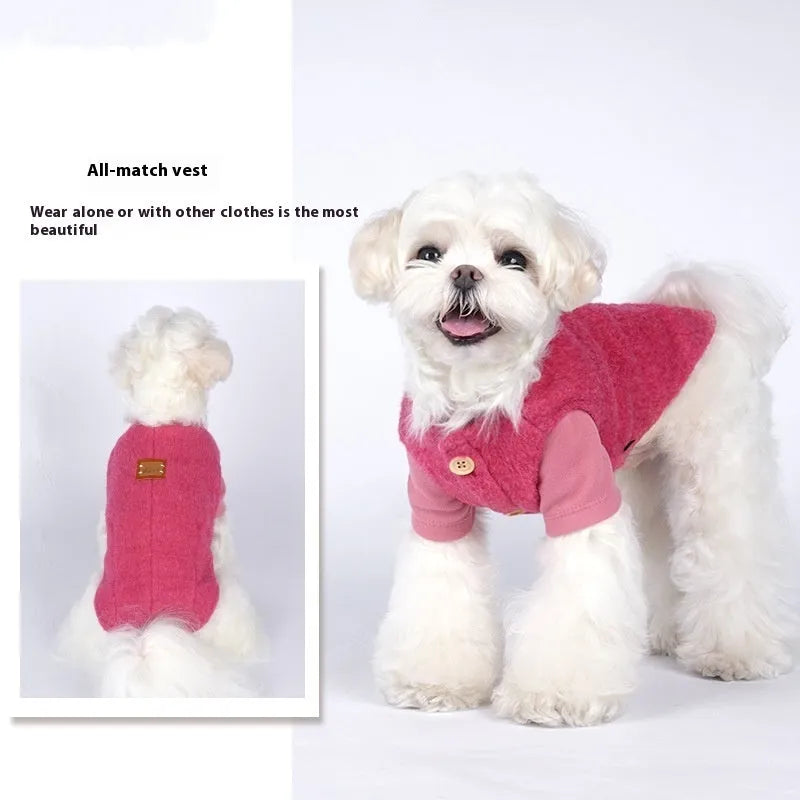 Small dog wearing a yellow knitted cotton winter vest, showcasing the Korean-style casual design.