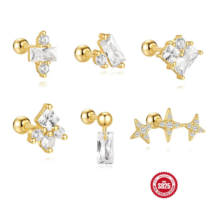 S925 sterling silver square gravel stud earrings with flower design in golden colour options