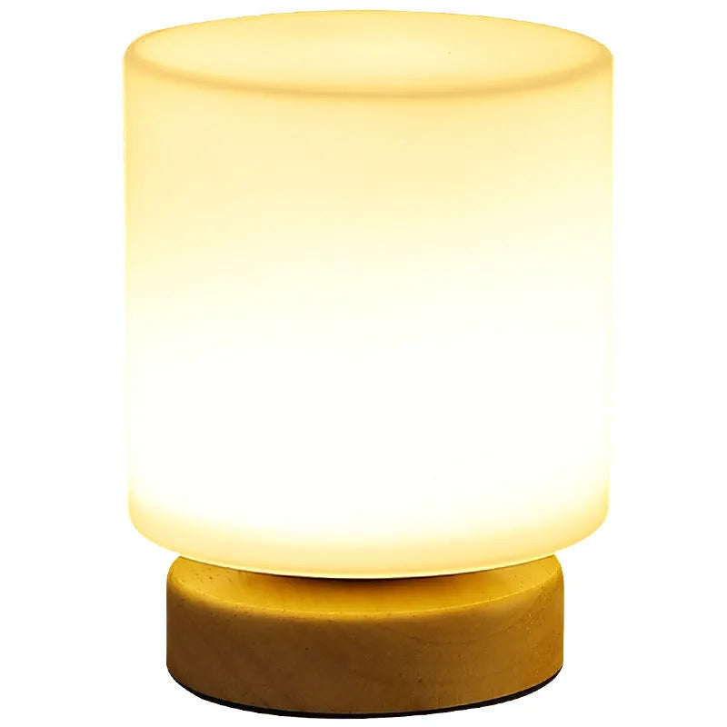 Nordic solid wood USB table lamp with touch control in geometric shapes on wooden surface