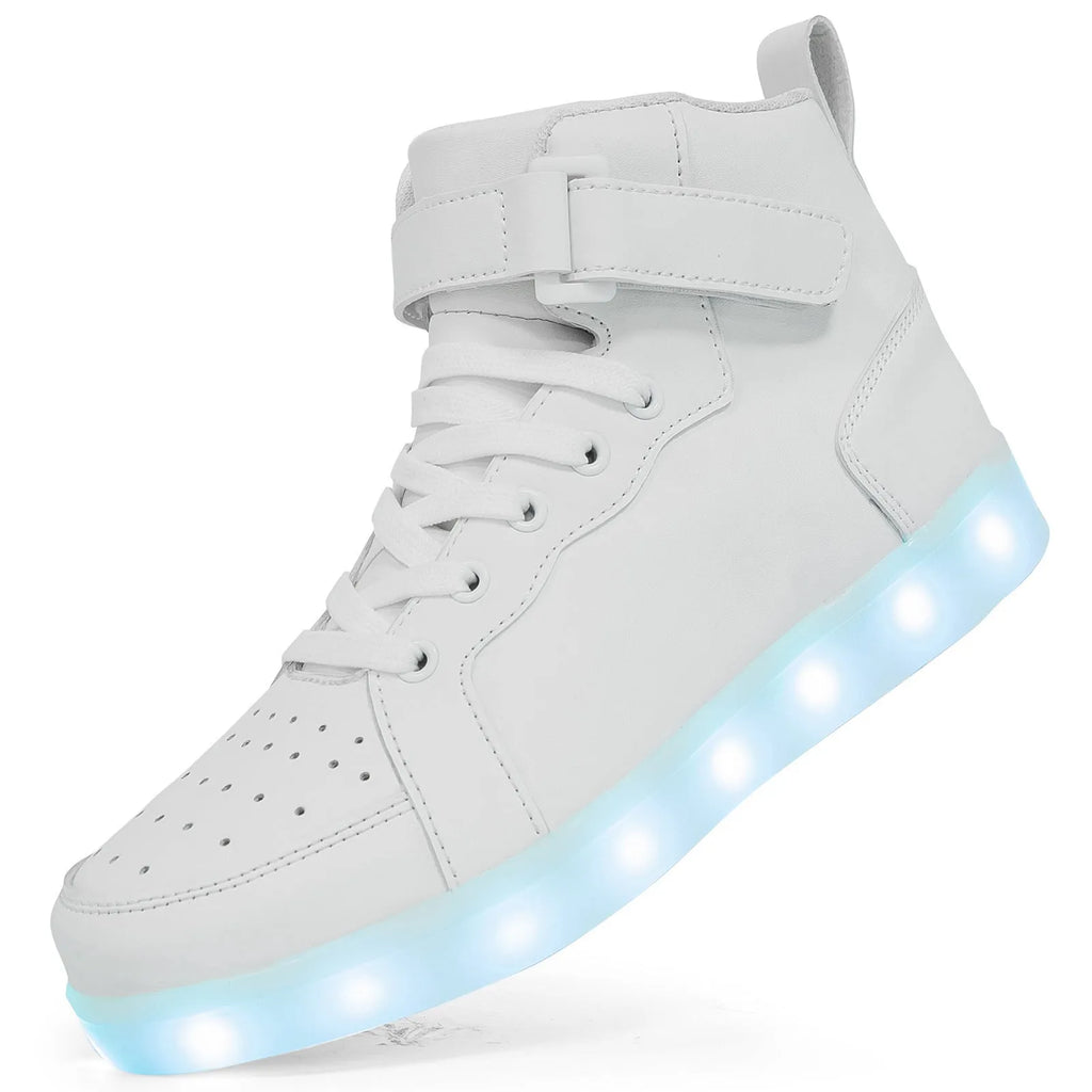 Unisex black LED high-top light shoes with Velcro strap and glowing sole.