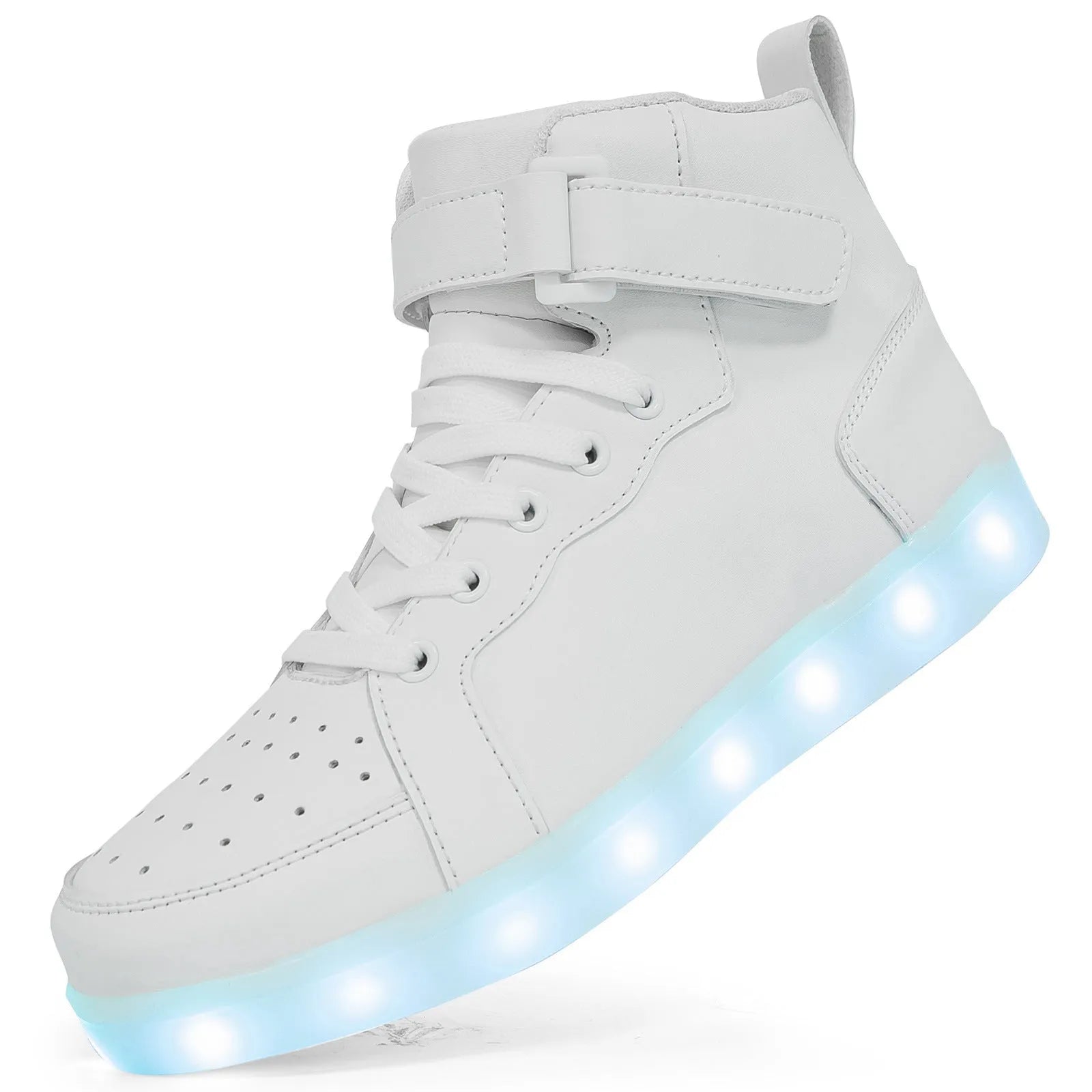 Unisex black LED high-top light shoes with Velcro strap and glowing sole.