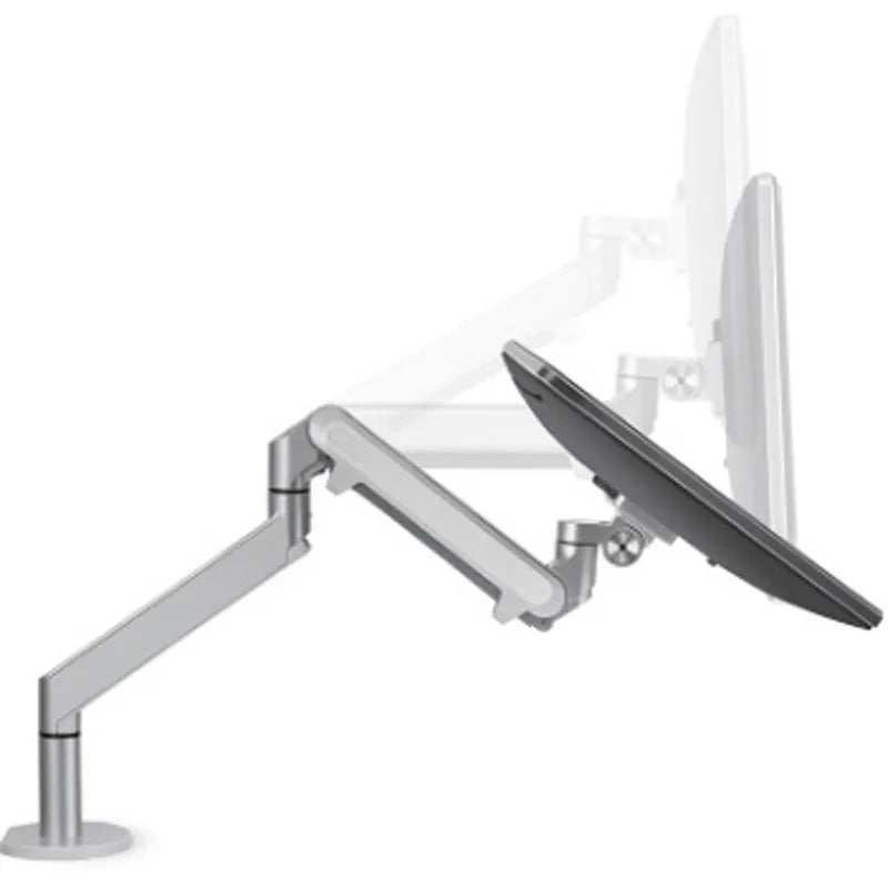 Aluminium alloy computer stand with adjustable arm bracket in silver colour supporting a laptop