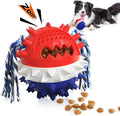Blue and red TPR rubber dog chew ball with treat hole and rope, for large breed dogs.