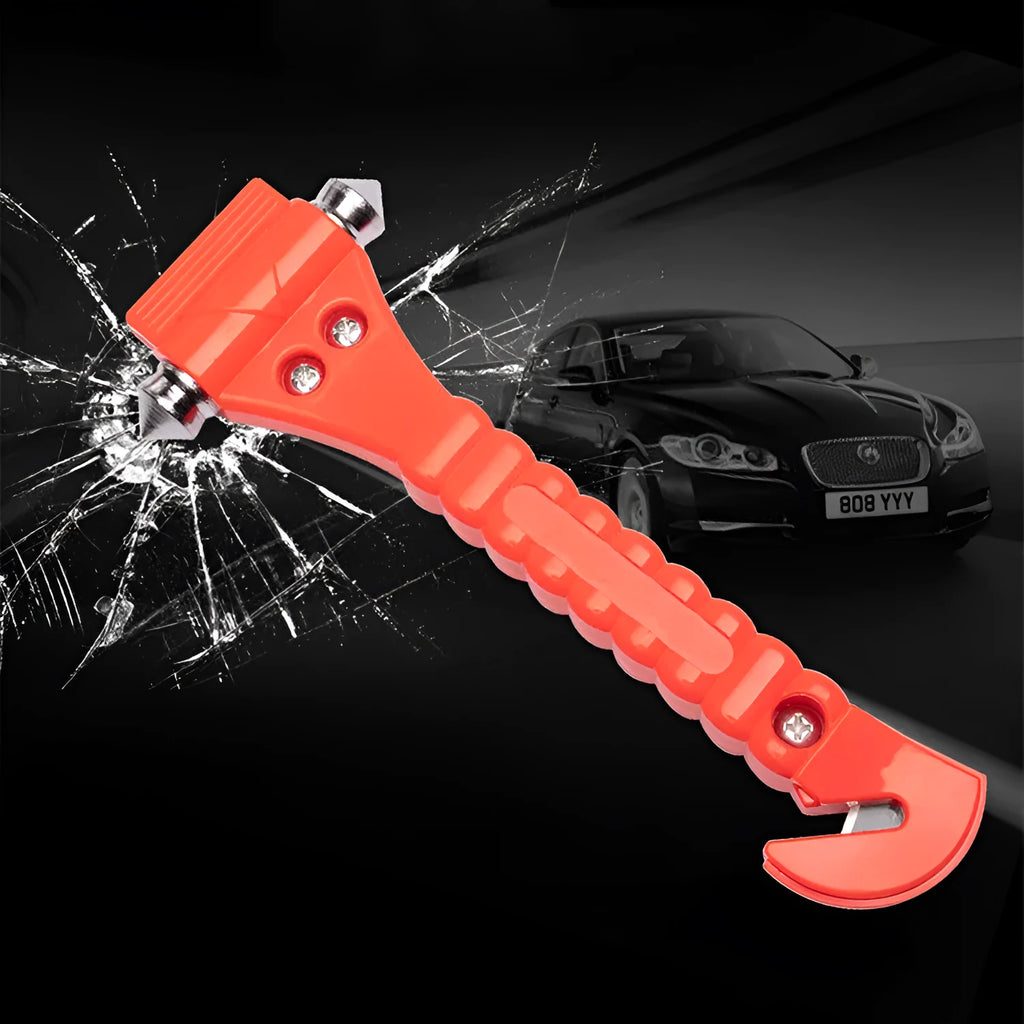 Red emergency car life-saving hammer with seatbelt cutter and spring-loaded window breaker