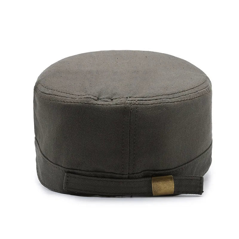 Men's cotton flat-top peaked cap in army green colour with English letter detailing and an adjustable strap.